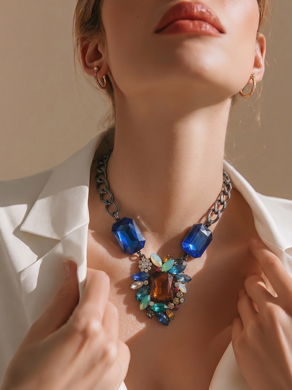 Statement Blue & Multicolor Crystal Pendant Necklace vintage